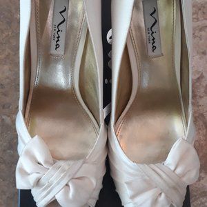 Nina Bridal Shoes -  Ivory Luster Satin Peep Toe Pumps